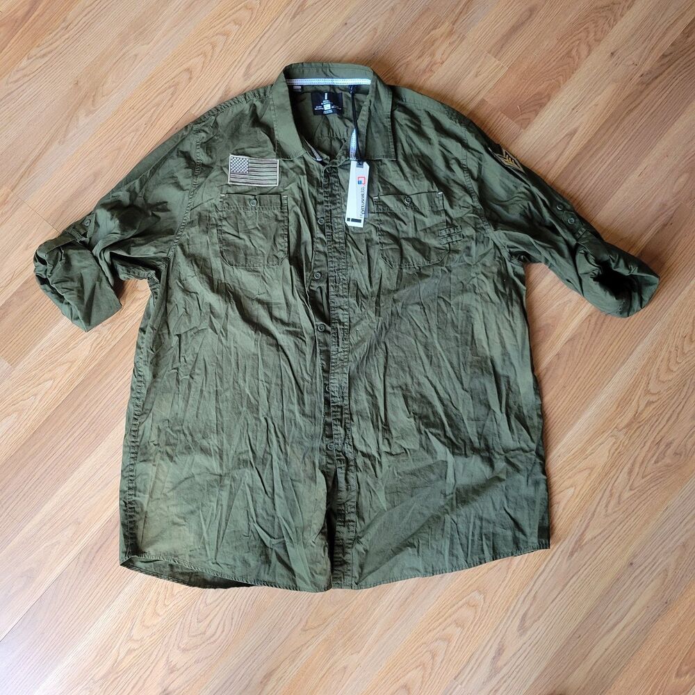 i Jeans by Buffalo Military Green Button Down Shirt Large American Flag Patch